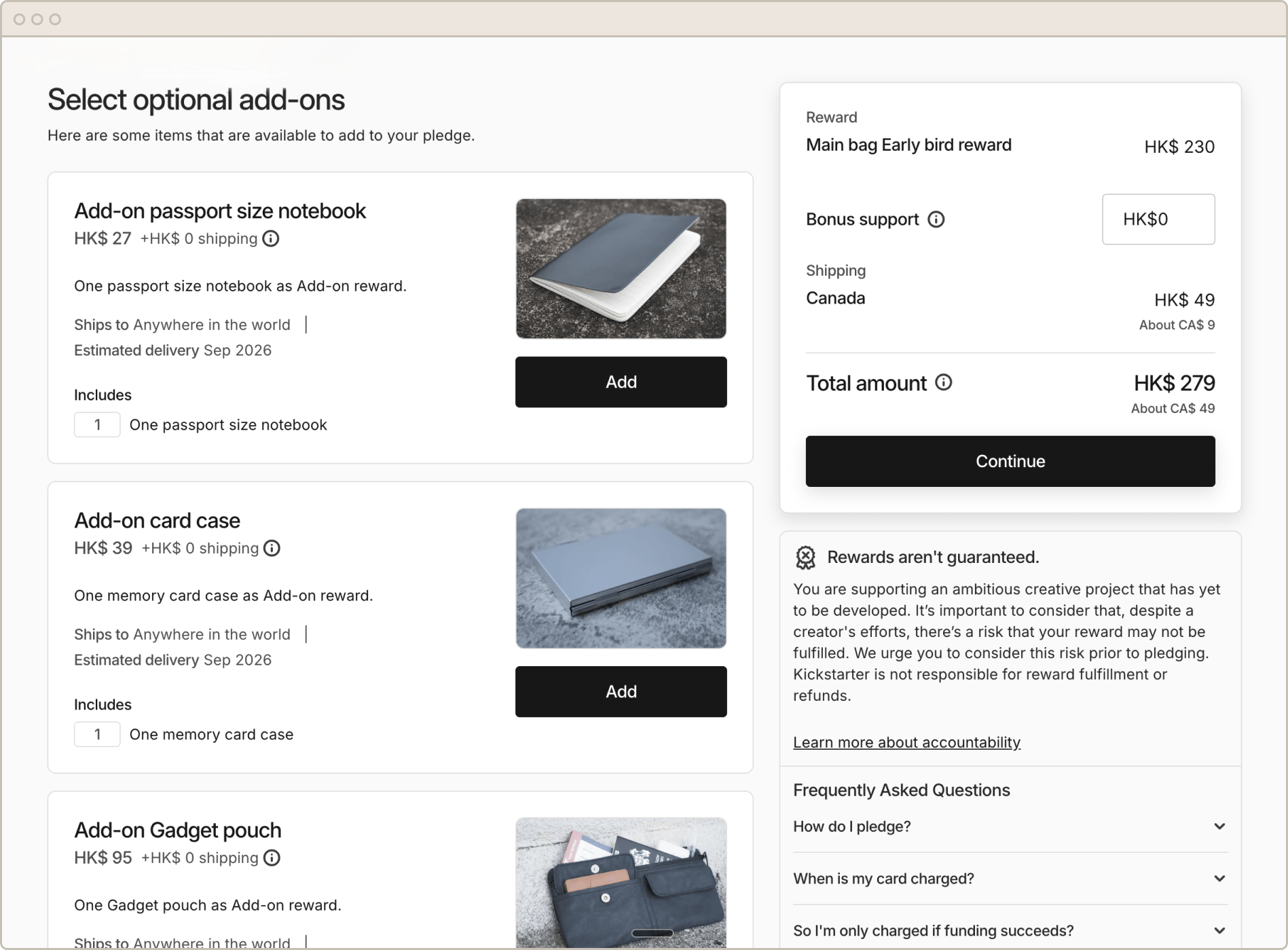 Kickstarter add-ons selector in browser