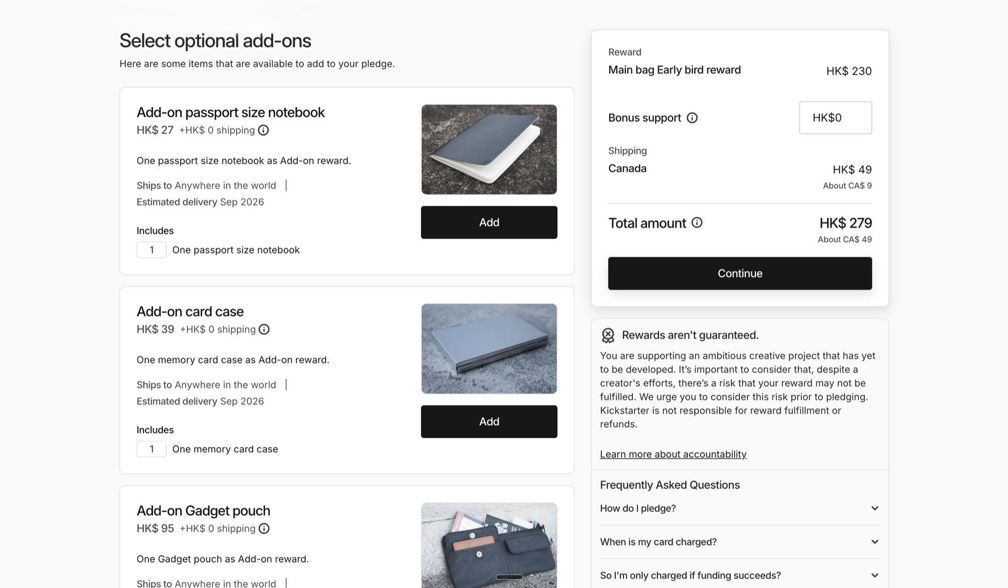 Kickstarter add-ons pledge screen